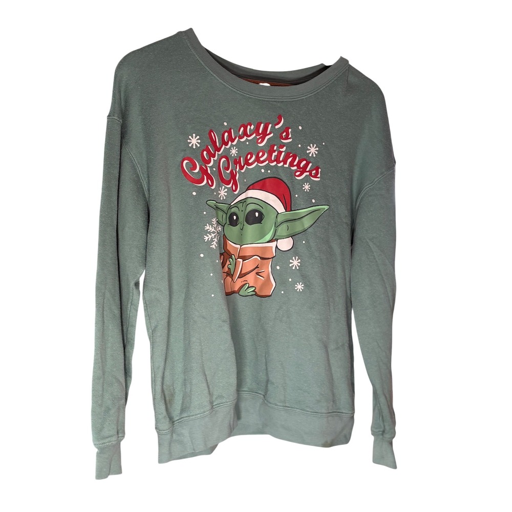 Star Wars Sweatshirt Womens L Green Grogu Galaxys Greetings Christmas Pullover